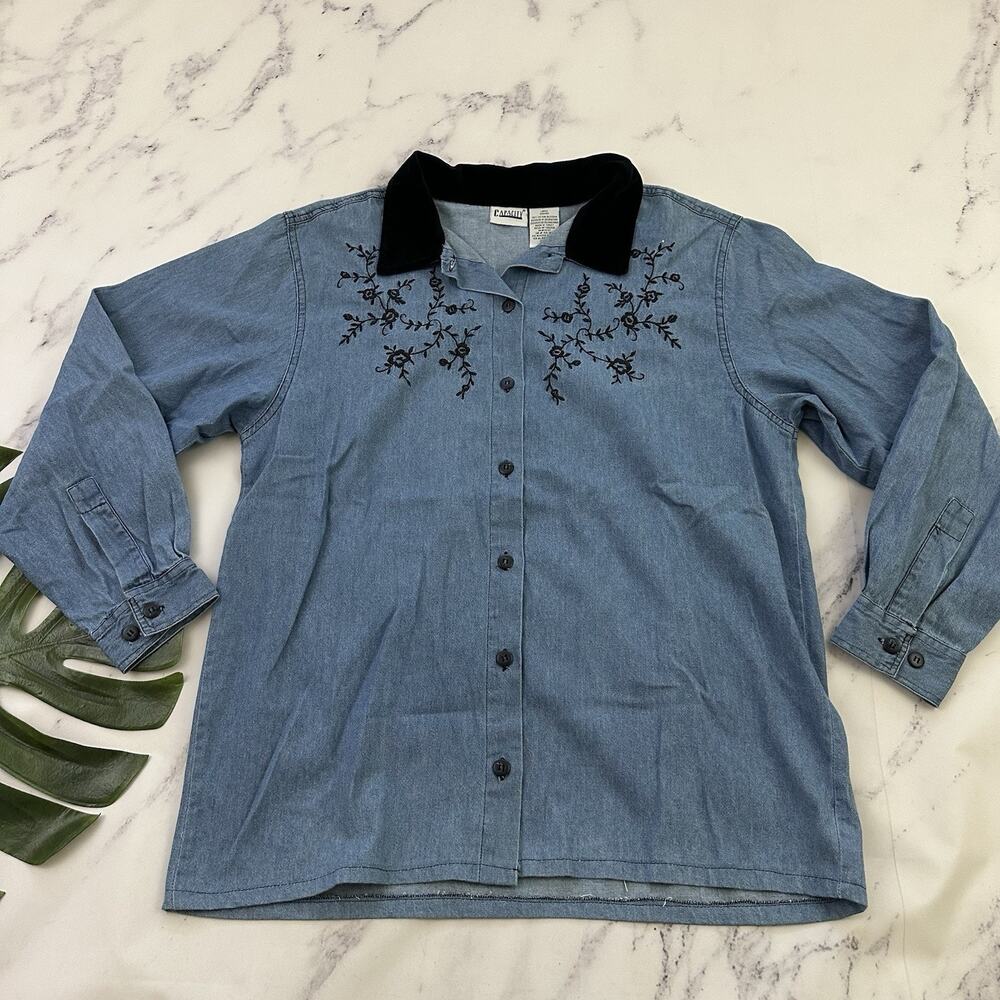 Capacity Womens Vintage Denim Shirt Size L Blue Black Floral Embroidered Velvet